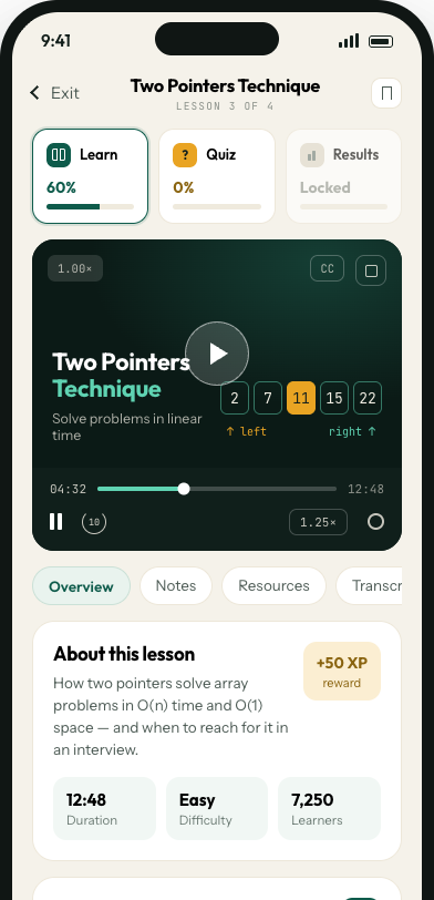 Lesson and quiz screen